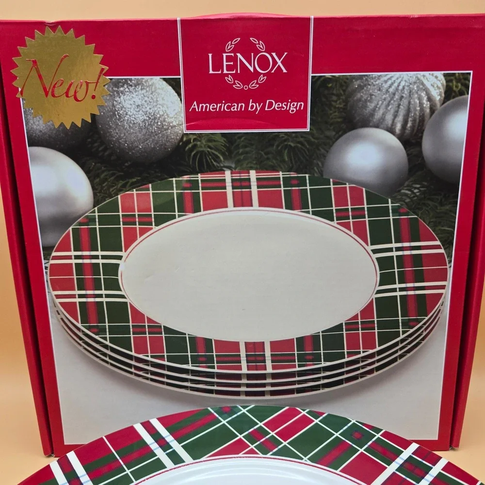 Lenox Vintage Plaid Dinner‎ Plates Set of 4 Red Green Winter Holiday 870676